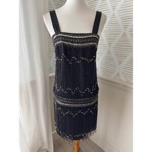 Unique Vintage Medium Black Gold 1920’s Great Gatsby Beaded Sequin Tank Dress